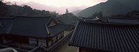 Framed Buddhist temple with mountain range in the background, Kayasan Mountains, Haeinsa Temple, Gyeongsang Province, South Korea