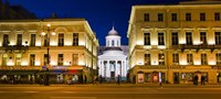 Framed Buildings in a city lit up at night, Nevskiy Prospekt, St. Petersburg, Russia