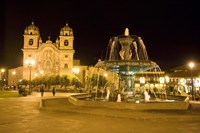 Framed Fountain lit up at night at a town square, Cuzco, Cusco Province, Cusco Region, Peru