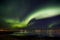 Framed Aurora Borealis in the sky, Alftanes, Reykjavik, Iceland