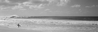 Framed Surfer standing on the beach in black and white, Oahu, Hawaii