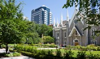 Framed Assembly hall in a city, Salt Lake Assembly Hall, Temple Square, Salt Lake City, Utah, USA