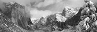 Framed Black and white view of Mountains and waterfall in snow, El Capitan, Yosemite National Park, California
