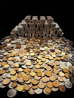 Framed Stack of sliver ingots and pile of coins