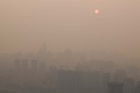 Framed Foggy city view from Yikeshu viewing platform at dusk, Chongqing, Yangtze River, Chongqing Province, China