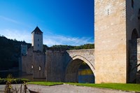 Framed Medieval bridge across a river, Pont Valentre, Lot River, Cahors, Lot, Midi-Pyrenees, France