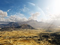Framed Clouds break over a desert on Matsya, giving a glimpse of the planet Samandar
