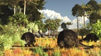 Framed Prehistoric glyptodonts graze on grassy plains