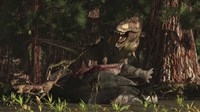 Framed T-Rex returns to his kill and finds some poaching raptors