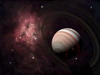 Framed gas giant Carter orbited by it's two small moons Banth and Sorak