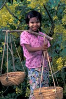 Framed Girl with Painted Face Carrying Basket on Shoulder Pole, Myanmar