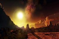 Framed large sun heats this alien planet which bakes in its glow