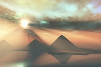 Framed Sunrays shine down on three pyramids along the Nile River on the Giza Plateau