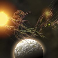 Framed huge sun radiates solar flares toward a nearby planet