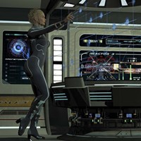 Framed young woman operating a holographic control center