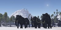 Framed herd of Woolly Mammoths migrate to a warmer climate in the Pleistocene Age