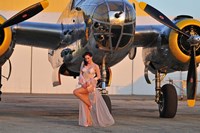 Framed Sexy 1940's pin-up girl in lingerie posing with a B-25 bomber