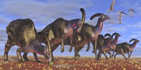 Framed herd of Parasaurolophus dinosaurs searching for vegetation