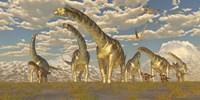Framed Hypsilophodon and pteranodon dinosaurs accompany a herd of Argentinosaurus
