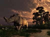 Framed Megacerops grazing a prehistoric landscape