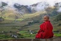 Framed Monk and Farmlands in the Phobjikha Valley, Gangtey Village, Bhutan