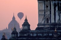 Framed Hot Air balloon over the temple complex of Pagan at dawn, Burma