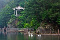 Framed Pavilion with lake in the mountain, Tiantai Mountain, Zhejiang Province, China
