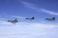 Framed Saab JA 37 Viggen and Saab JAS 39 Gripen fighters of the Swedish Air Force