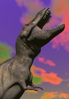 Framed Tyrannosaurus Rex roaring against a colorful sky