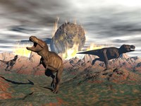 Framed Tyrannosaurus Rex dinosaurs escaping a big meteorite crash