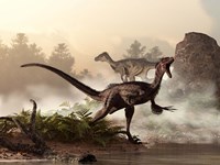 Framed pair of velociraptors patrol the shore of an ancient lake