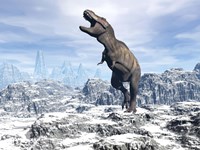 Framed Tyrannosaurus Rex dinosaur in a snowy landscape