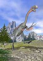 Framed Gigantoraptor dinosaur running in the mountains