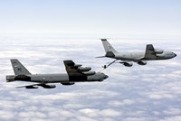 Framed B-52H Stratofortress refuels with a KC-135R Stratotanker