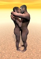 Framed Male and female Homo erectus hugging in the desert