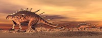 Framed Kentrosaurus mother and baby walking in the desert by sunset