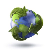 Framed 3D Rendering of planet Earth surrounded by grassy recycle symbol