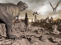 Framed Tyrannosaurus Rex dinosaur and Pteranodons on a rocky desert landscape