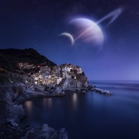 Framed View of Manarola on a starry night with planets, Northern Italy