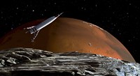 Framed Spaceship in Orbit over Mars Moon, Phobos