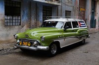 Framed 1950's era antique car and street scene from Old Havana, Havana, Cuba