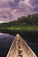 Framed Paddling a dugout canoe on Lake Anangucocha, Yasuni National Park, Amazon basin, Ecuador