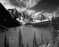 Framed Wenkchemna Peaks reflected in Moraine lake, Banff National Park, Alberta, Canada