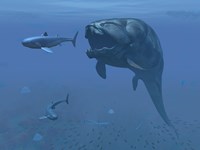 Framed prehistoric Dunkleosteus fish prepares to eat a primitive shark