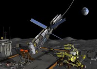 Framed manned lunar space elevator prepares to depart from its manned lunar base