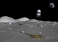 Framed Lunar Shuttle Descends Toward a Manned Outpost on the Moon