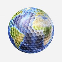 Framed 3D rendering of a planet Earth Golf Ball, White Background