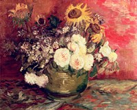 Framed Sunflowers, Roses and other Flowers in a Bowl, 1886