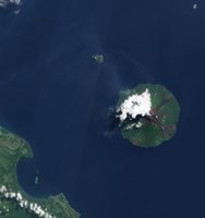 Framed Papua New Guinea's Manam Volcano releases a thin, Faint Plume over the Bismarch Sea
