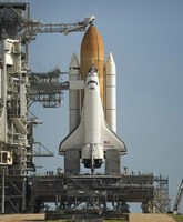 Framed Space Shuttle Discovery Sits Ready on the Launch Pad at Kennedy Space Center